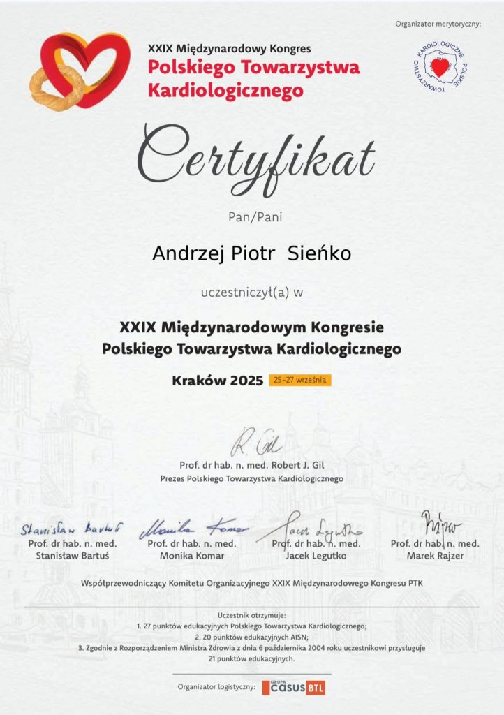 Certyfikat uczestnictwa w Miezynarodowym Kongresie Polskiego Towarzystwa Kardiologicznego dr n. med. Andrzeja Sieńko.
