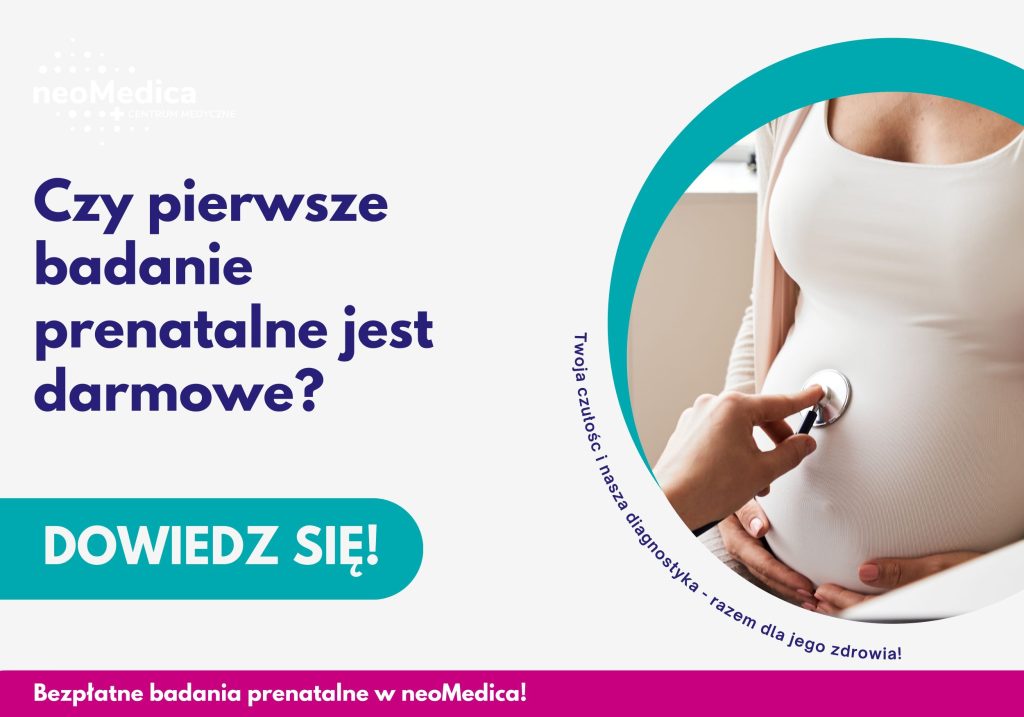 Stetoskop przykładany do brzucha kobiety w ciąży – 1. badanie prenatalne bezpłatne w Centrum Medycznym neoMedica w Poznaniu.