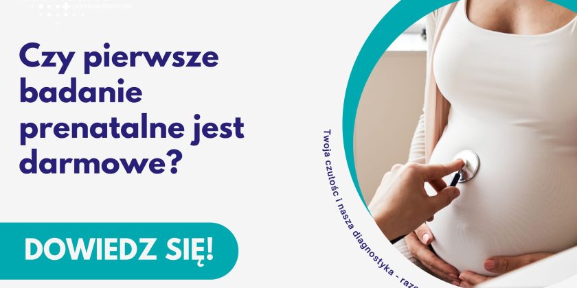 Stetoskop przykładany do brzucha kobiety w ciąży – 1. badanie prenatalne bezpłatne w Centrum Medycznym neoMedica w Poznaniu.