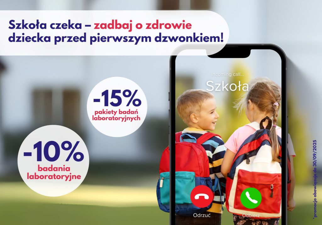 Mali uczniowie z plecakami – promocja na badania laboratoryjne we wrześniu w sklepie online neoMedica w Poznaniu.
