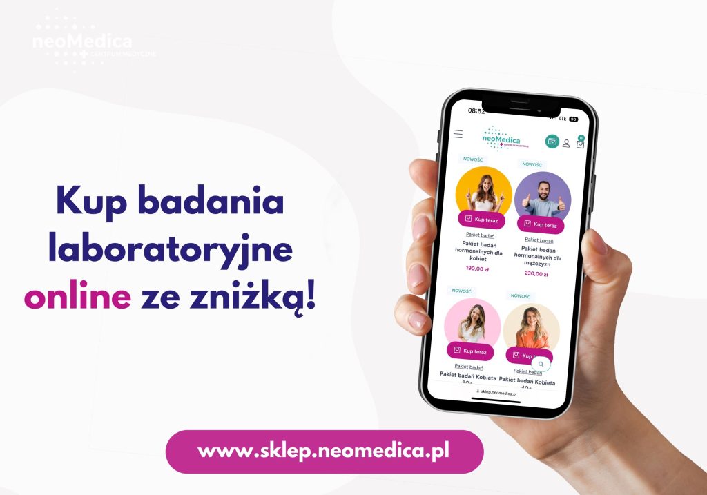 Dłoń z telefonem - ilustracja dotycząca sklepu online Centrum Medycznego neoMedica w Poznaniu.