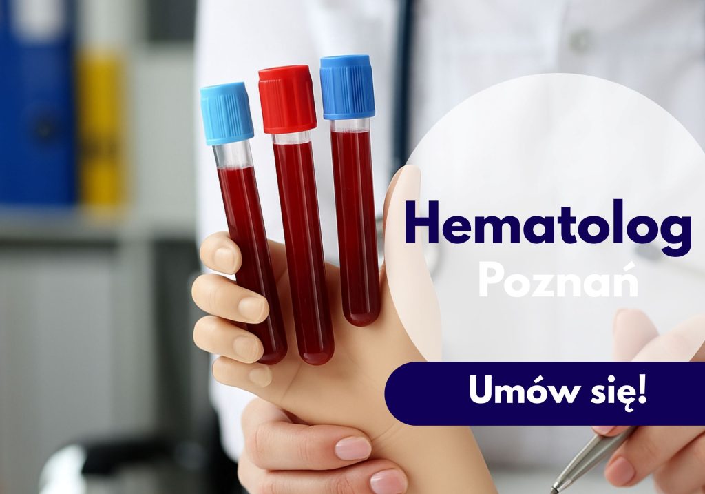 Lekarz wskazujący na figurka ręki, która trzyma fiolki z krwią - ilustracja dotycząca hematologa Centrum Medycznego neoMedica w Poznaniu.