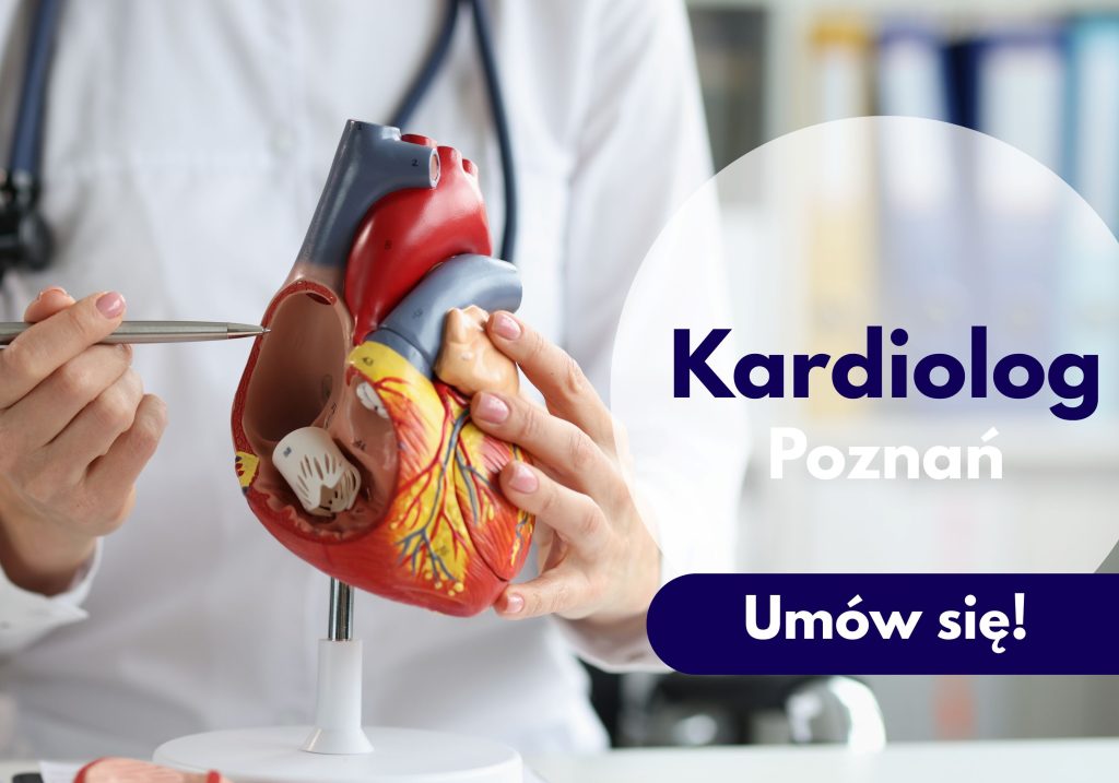 Lekarz ze stetoskopem na szyi wskazuje na model serca - ilustracja dotycząca kardiologa w Centrum Medycznym neoMedica w Poznaniu.