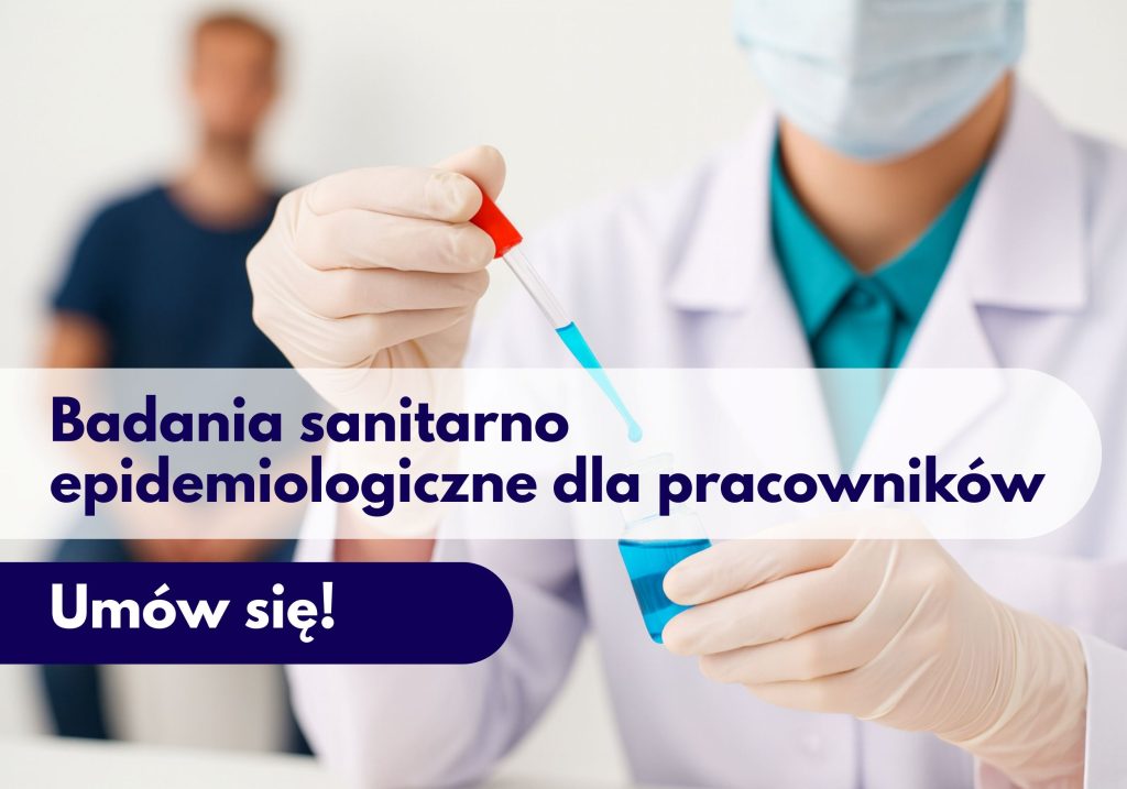 Lekarz z maseczką przelewający płyn pipetą, a w tle zamazana sylwetka mężczyzny - ilustracja dotycząca badań sanitarno epidemiologicznych dla pracowników dostępnych w Centrum Medycznych neoMedica w Poznaniu.