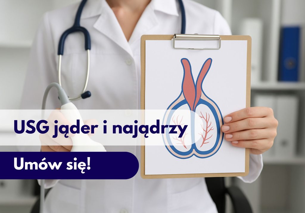 Lekarz trzymający głowicę USG i rysunek jąder oraz najądrzy, ze stetoskopem na szyi na wizycie w Centrum Medycznym neoMedica w Poznaniu.