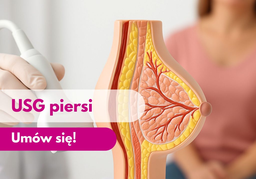 Głowica USG przykładana przez lekarza do modelu przedstawiającego piersi, w tle zamazana sylwetka kobiety podczas wizyty w Centrum Medycznym neoMedica w Poznaniu.