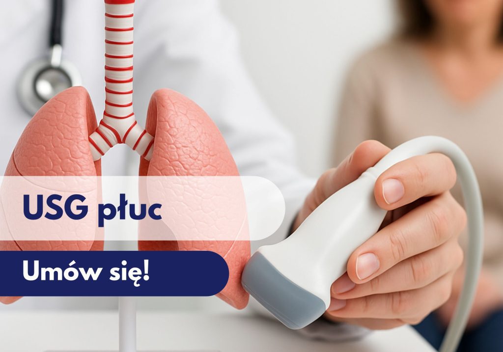 Głowica USG przykładana do modelu narządu płuc, w tle zamazana pacjentka podczas wizyty w Centrum Medycznym neoMedica w Poznaniu.