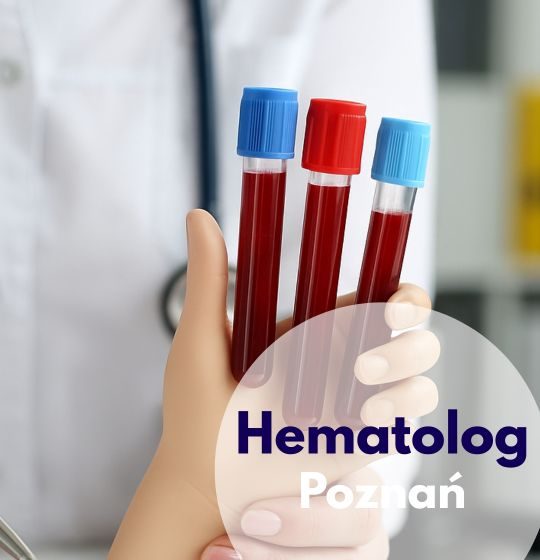 Lekarz wskazujący na figurka ręki, która trzyma fiolki z krwią - ilustracja dotycząca hematologa Centrum Medycznego neoMedica w Poznaniu.