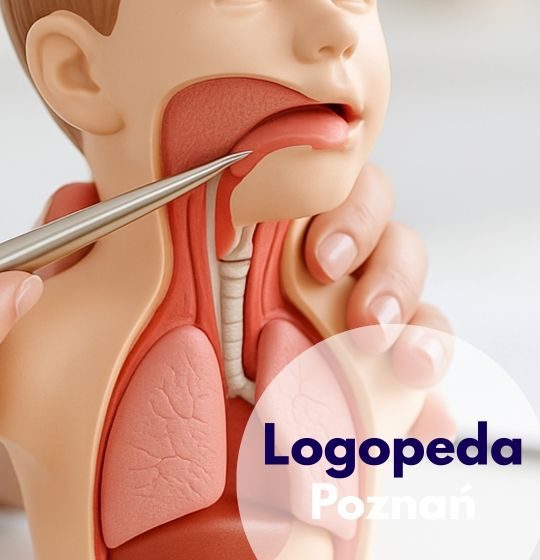 Logopeda Centrum Medycznego neomedica w Poznaniu wskazuje na model układu oddechowego.