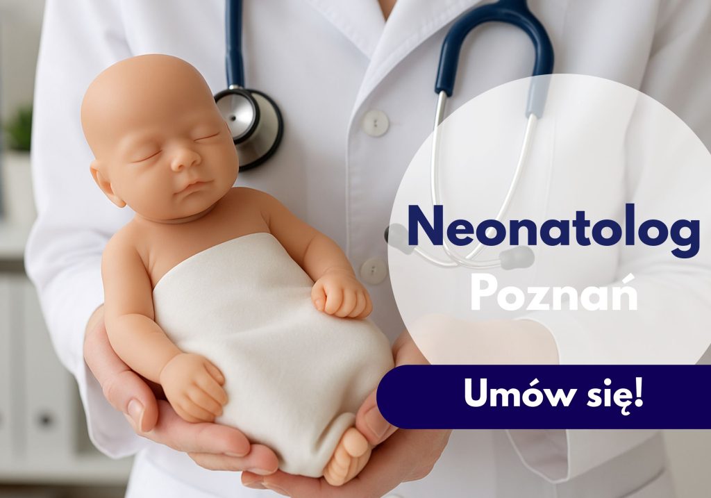Neonatolog ze stetoskopem na szyi trzyma lalkę dziecka - ilustracja dotycząca konsultacji u neonatologa w Centrum Medycznym neoMedica w Poznaniu.