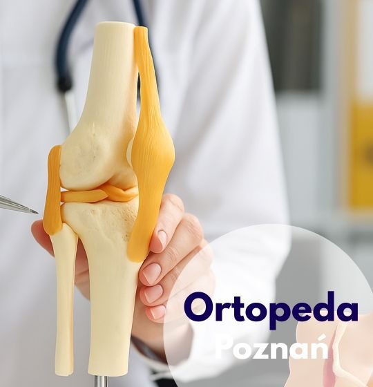Ortopeda wskazujący na model kości kolana na konsultacji ortopedycznej w Centrum Medycznym neoMedica w Poznaniu.