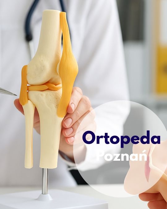 Ortopeda wskazujący na model kości kolana na konsultacji ortopedycznej w Centrum Medycznym neoMedica w Poznaniu.