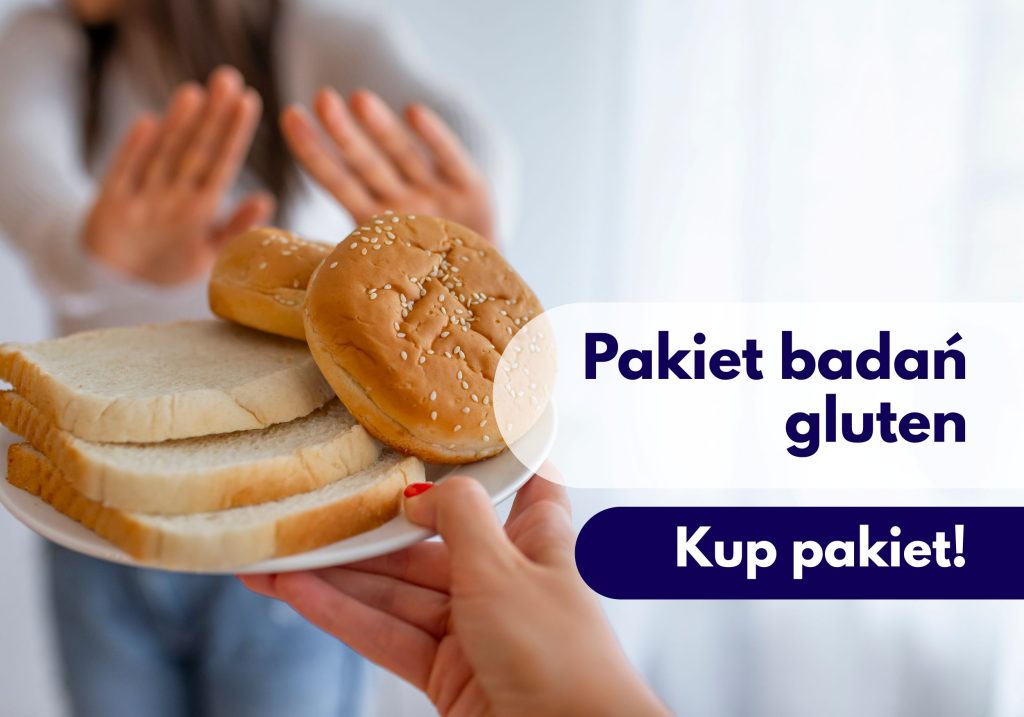 Pieczywo na talerzu, a w tle osoba odpychająca talerz – ilustracja dotycząca pakietu badań „Gluten” dostępnego w Centrum Medycznym neoMedica w Poznaniu.