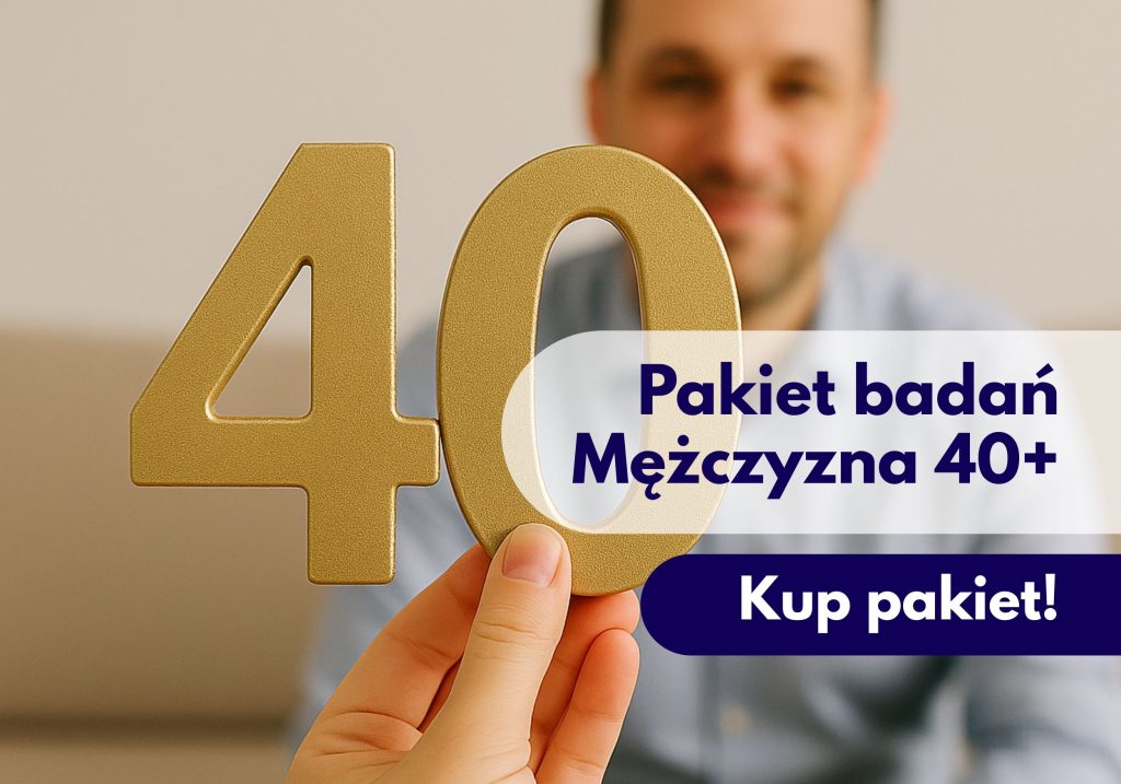Figurka liczby 40 na pierwszym planie, a w tle zamazana sylwetka mężczyzny – ilustracja wykorzystywana przez Centrum Medyczne neoMedica w Poznaniu.