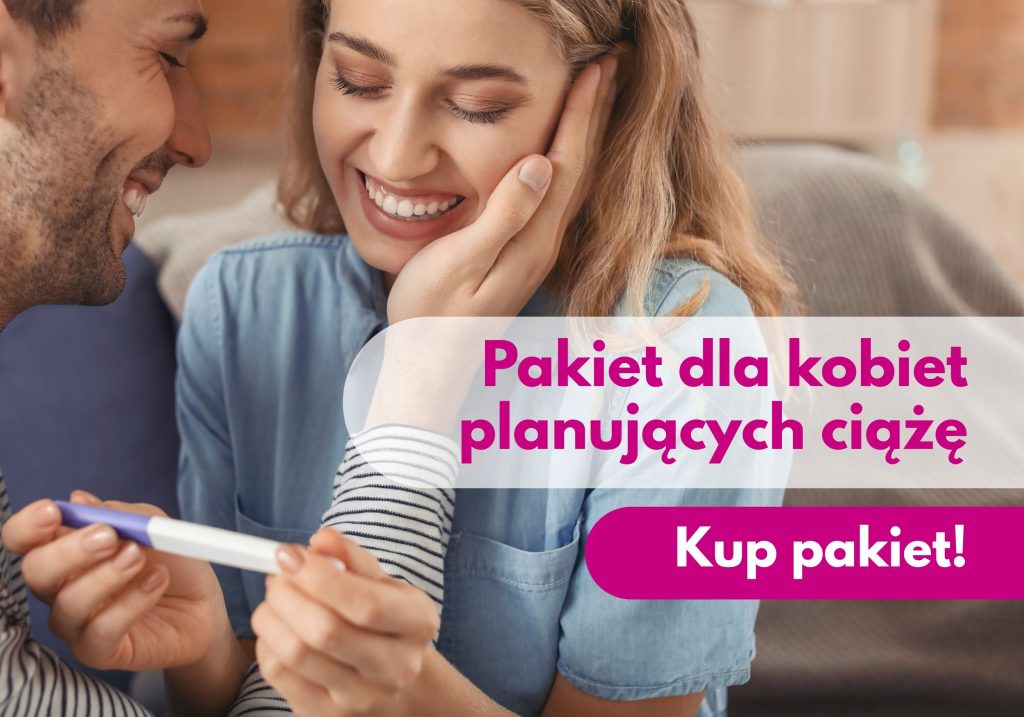 Kobieta trzymająca test ciążowy i mężczyzna uśmiechający sięprzed nią – ilustracja dotycząca pakietu badań dla kobiet planujących ciążę w Centrum Medycznym neoMedica w Poznaniu.