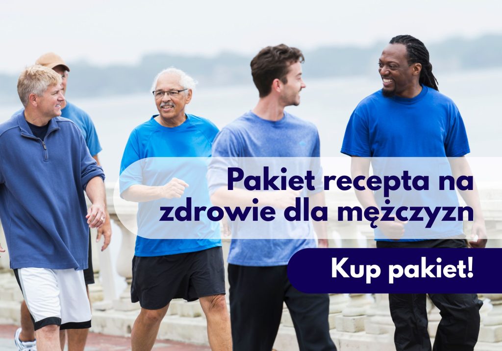 Uśmiechnięci mężczyźni na spacerze - ilustracja promująca pakiet badań Pakiet recepta na zdrowie mężczyzn dostępny w Centrum Medycznym neoMedica w Poznaniu.
