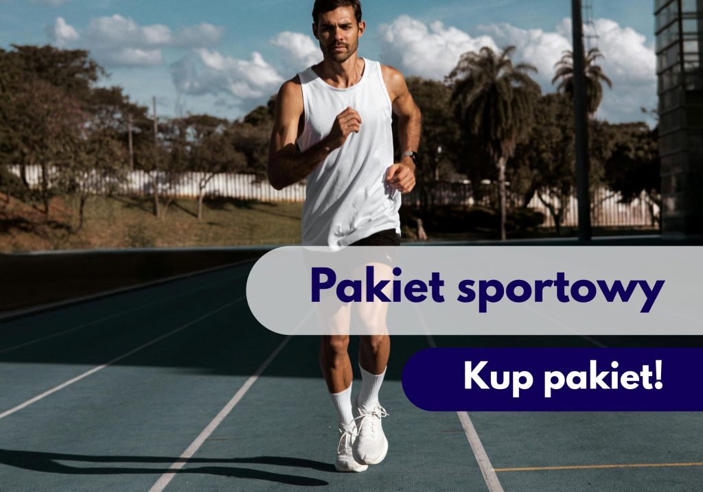 Biegnący mężczyzna na torze sportowym – ilustracja dotycząca pakietu badań „Pakiet sportowy” dostępnego w Centrum Medycznym neoMedica w Poznaniu.