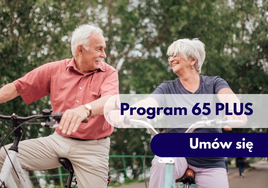 Dwie osoby po 65. roku życia jadące na rowerze – ilustracja dotycząca programu 65 Plus dostępnego w Centrum Medycznym neoMedica w Poznaniu.