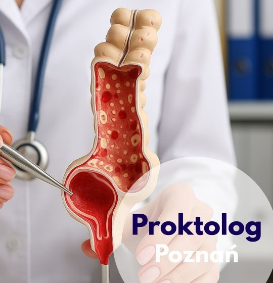 Lekarz ze stetoskopem na szyiu wskazuje na model końcowego jelita grubego na konsultacji proktologicznej w Centrum Medycznym neoMedica w Poznaniu.