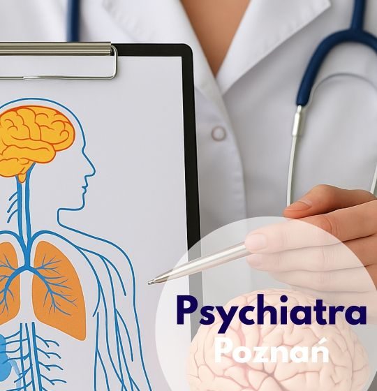 Psychiatra ze stetoskopem na szyi wskazuje na teczkę z obrazem układu nerwowego człowieka, obok znajduje się model mózgu – ilustracja dotycząca wizyty u psychiatry w Centrum Medycznym neoMedica w Poznaniu.