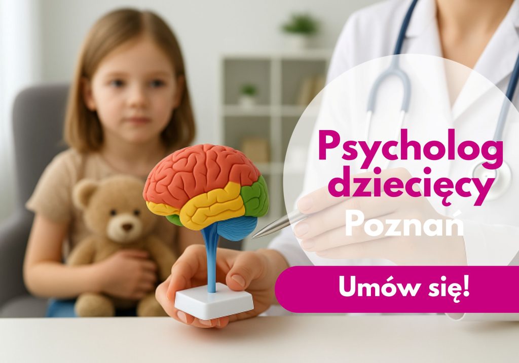 Psycholog dziecięcy z Centrum Medycznego neoMedica w Poznaniu trzyma model mózgu, a w tle widoczna jest mała dziewczynka z pluszowym misiem.