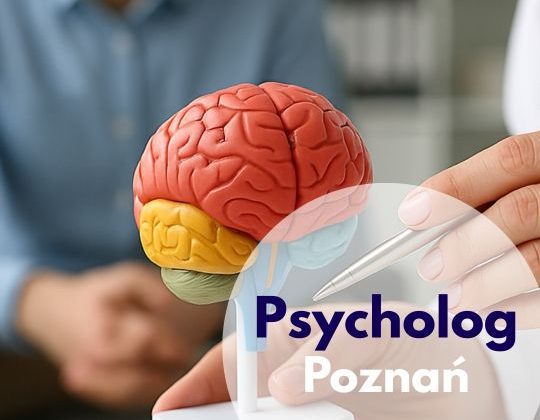 Lekarz wskazujący na model mózgu, a w tle Pacjent poczas wizyty u psychologa w Centrum Medycznym neoMedica w Poznaniu.