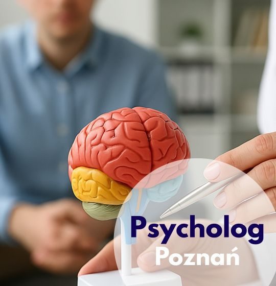 Lekarz wskazujący na model mózgu, a w tle Pacjent poczas wizyty u psychologa w Centrum Medycznym neoMedica w Poznaniu.