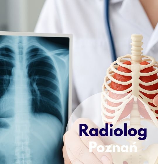 Lekarz ze stetoskopem na szyi wskazuje na figurkę szkieletu klatki piersiowej i miednicy, obok znajduje się zdjęcie rentgenowskie – ilustracja dotycząca konsultacji radiologa w Centrum Medycznym neoMedica w Poznaniu.