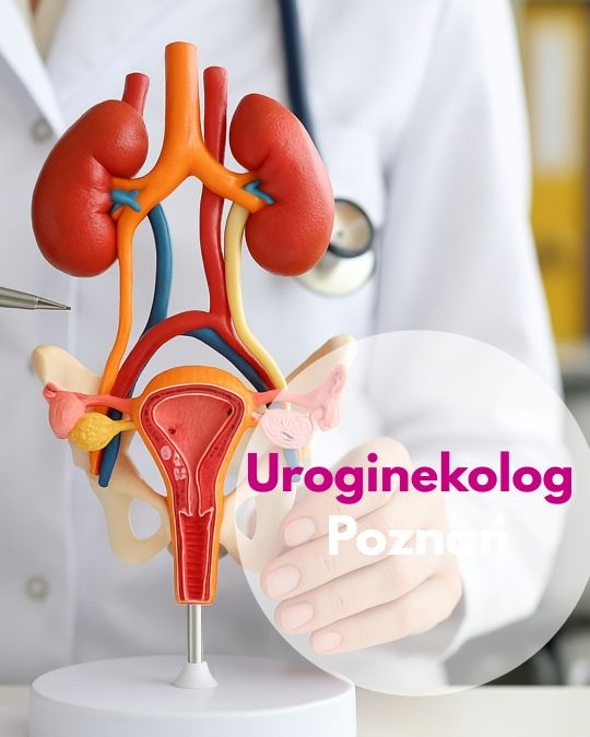 Uroginekolog ze stetoskopem na szyiu wskazuje na model układu moczowego i płciowego kobiety podczas konsultacji w Centrum Medycznym neoMedica w Poznaniu.