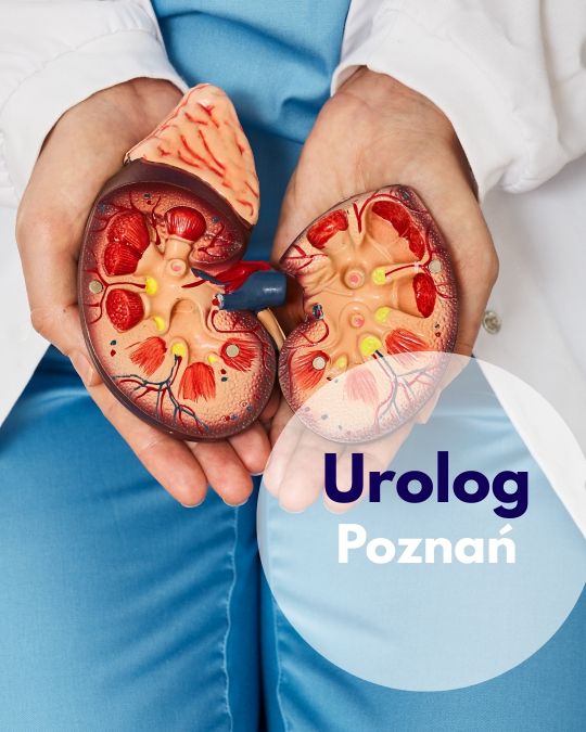 Lekarz urolog trzymający model przekroju nerki podczas wizyty w centrum Medycznym neoMedica w Poznaniu.
