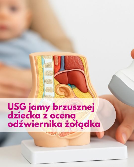 Głowica USG przykładana przez lekarza do modelu przedstawiającego jame brzuszną, w tle zamazana sylwetka kobiety z dzieckiem na kolanach podczas wizyty w Centrum Medycznym neoMedica w Poznaniu.