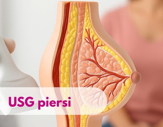 Głowica USG przykładana przez lekarza do modelu przedstawiającego piersi, w tle zamazana sylwetka kobiety podczas wizyty w Centrum Medycznym neoMedica w Poznaniu.