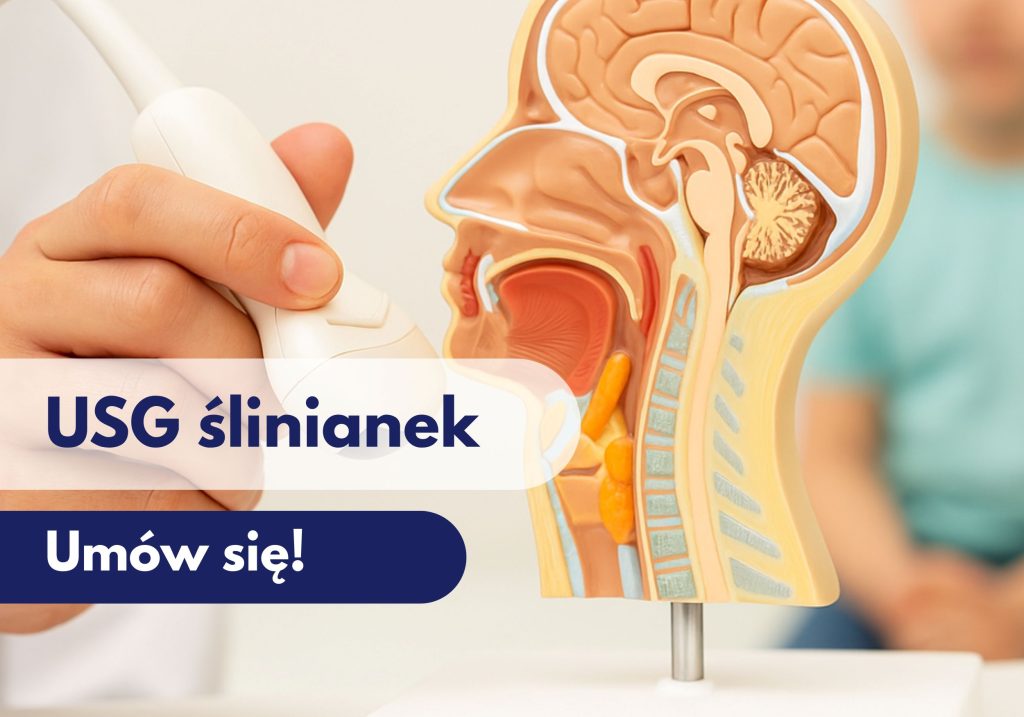 Głowica USG przykładana przez lekarza do modelu przedstawiającego głowę, wskazująca na ślinianki, w tle zamazana sylwetka mężczyzny podczas wizyty w Centrum Medycznym neoMedica w Poznaniu.