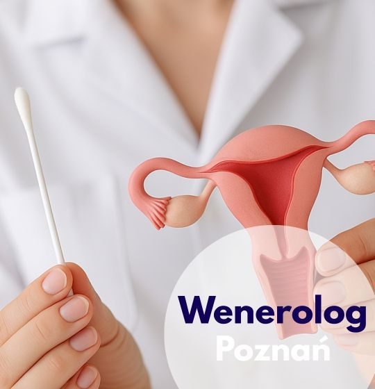 Lekarz trzymający model macicy i patyczek higieniczny - ilustracja dotycząca wizyty u wenerologa w Centrum Medycznym neoMedica w Poznaniu.