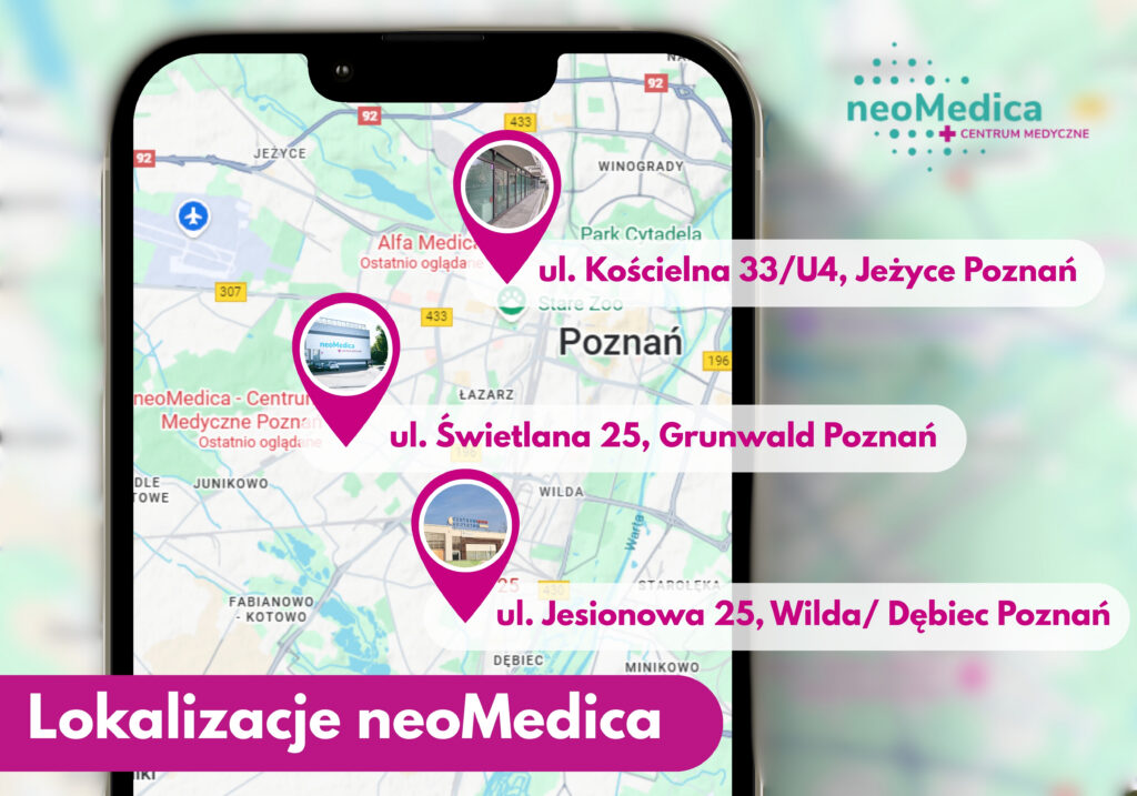 Telefon z wyświetlonymi 3 lokalizacjami Centrum Medycznego neoMedica w Poznaniu.